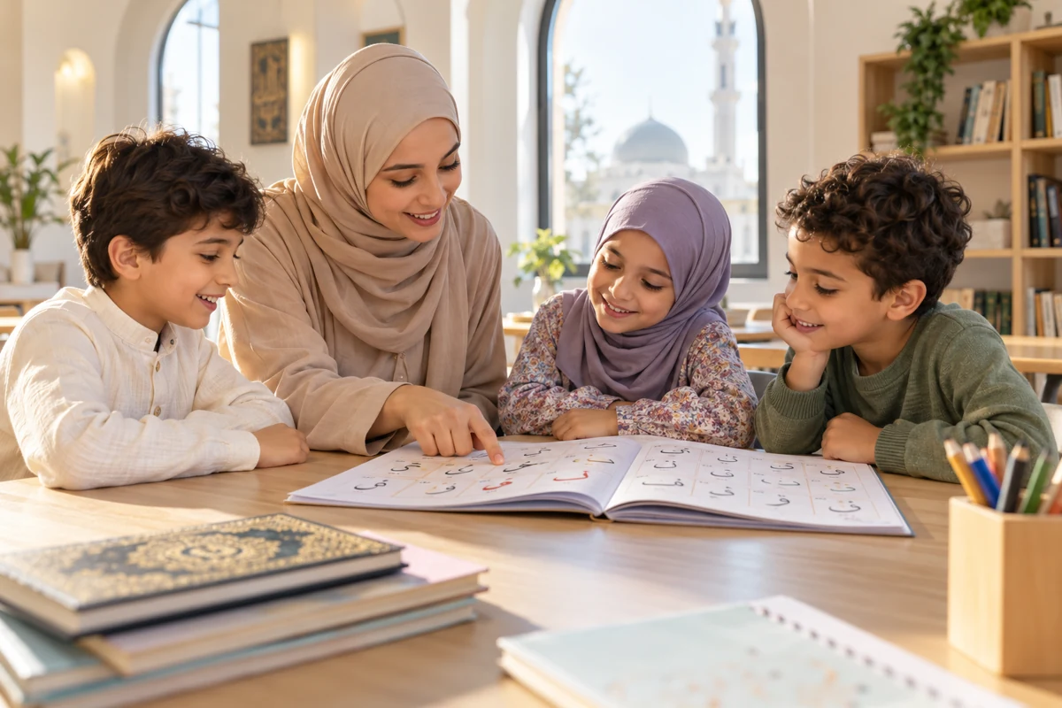 Une enseignante accompagne ses jeunes élèves dans la découverte de l’arabe