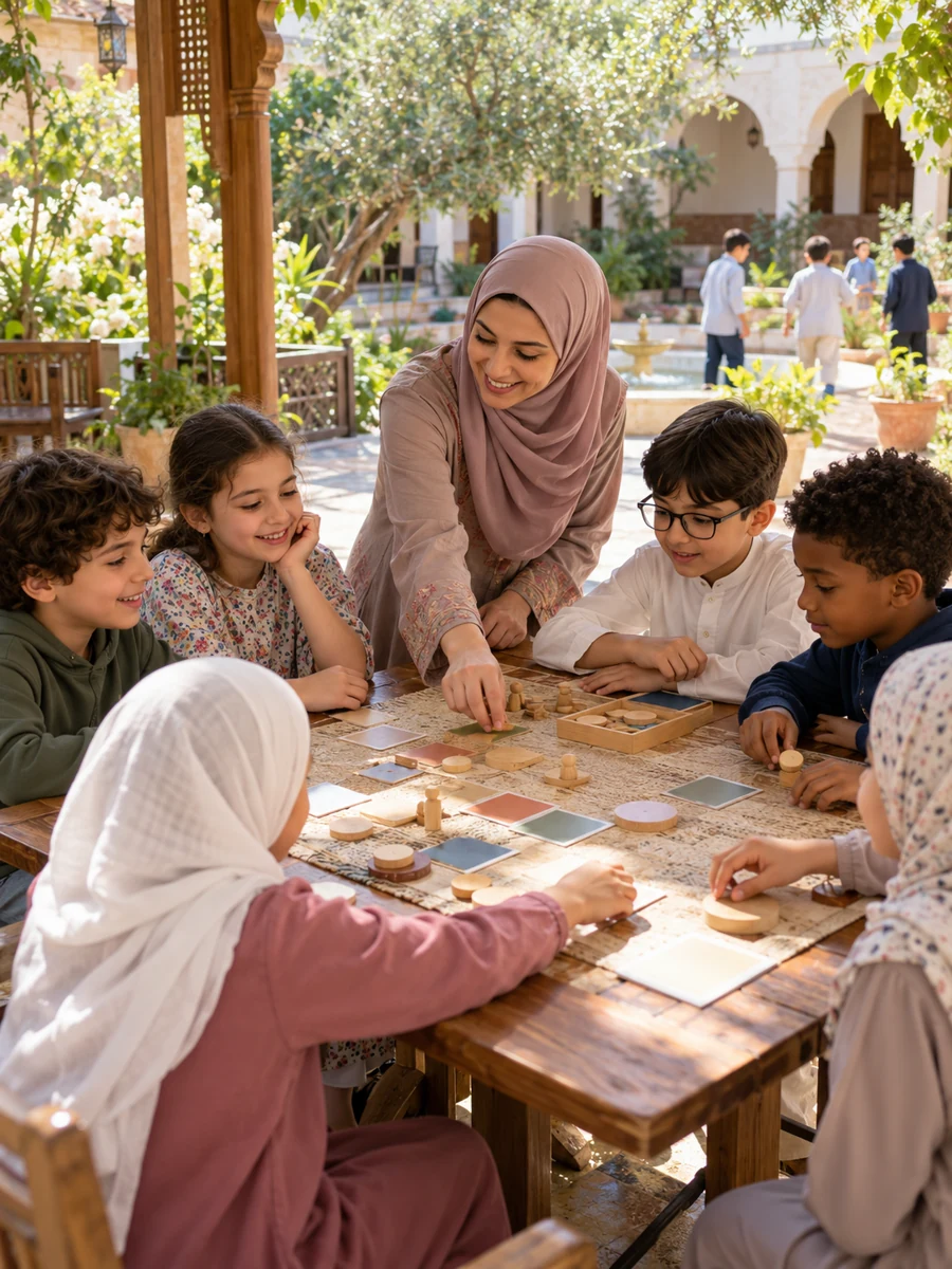 Des enfants partagent une activité avec leur enseignante dans le jardin de l’école