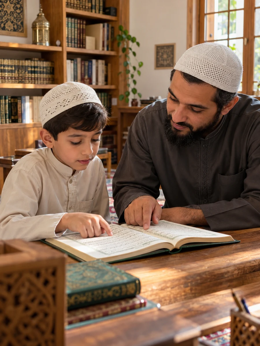 Un élève apprend à lire le Coran avec son enseignant